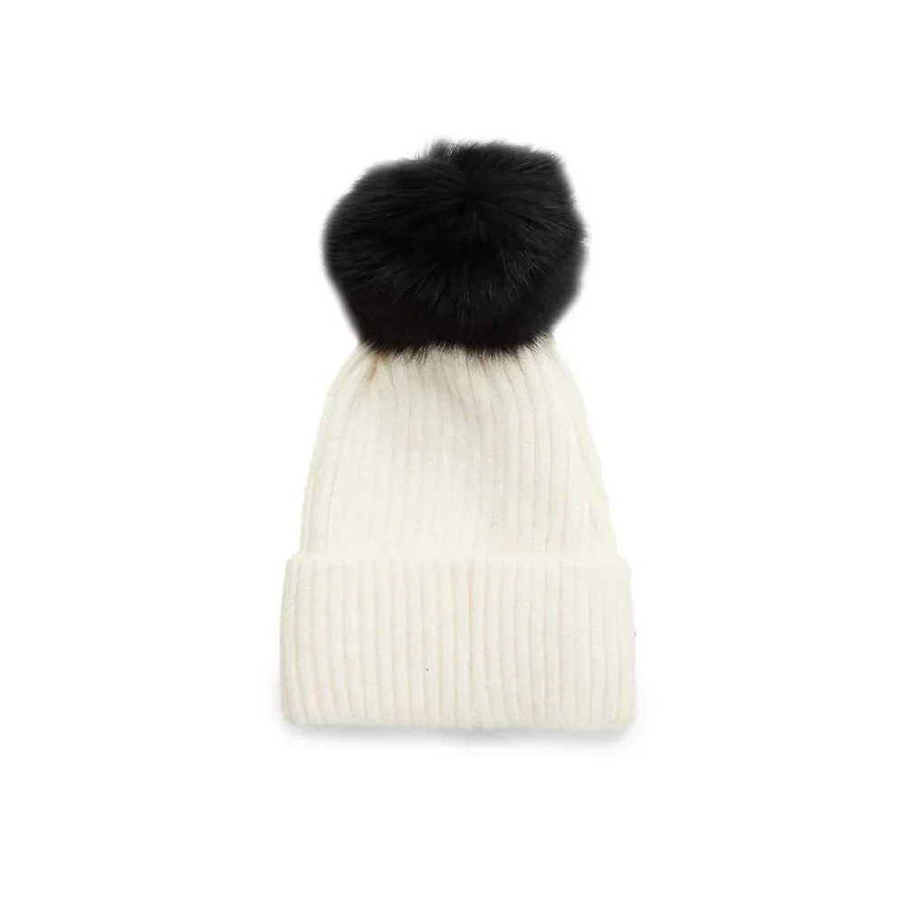 New - GLAMOURPUSS NYC Arctic Fox Fur Knit Beanie Hat White Black